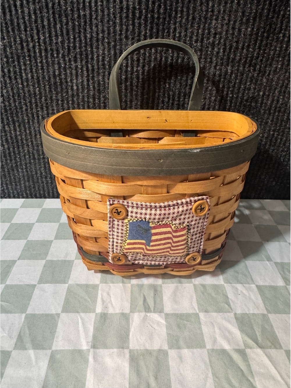 Vintage Woven Basket with American Flag Patch and Handle